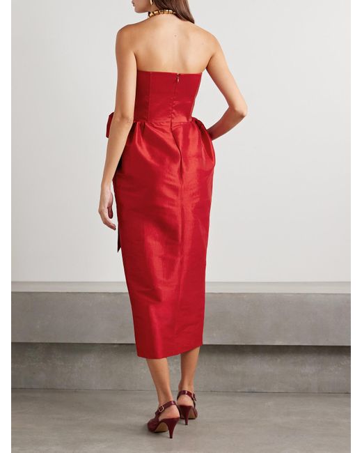 Kika Vargas Red Ava Strapless Bow-Detailed Taffeta Midi Dress