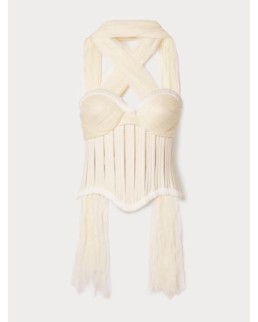 Danielle Frankel Natural Anika Strapless Cotton-Blend Twill, Tulle And Plissé-Satin Bustier Top