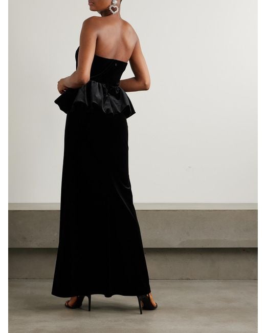 Self-Portrait Black Strapless Cutout Velvet Peplum Maxi Dress