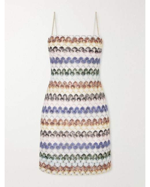 Missoni White Striped Metallic Crochet-Knit Mini Dress