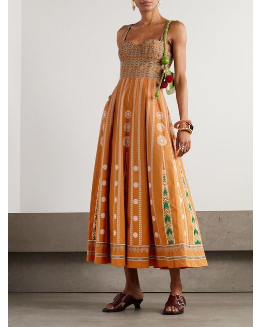 Emporio Sirenuse Orange Elida Embroidered Silk Midi Dress