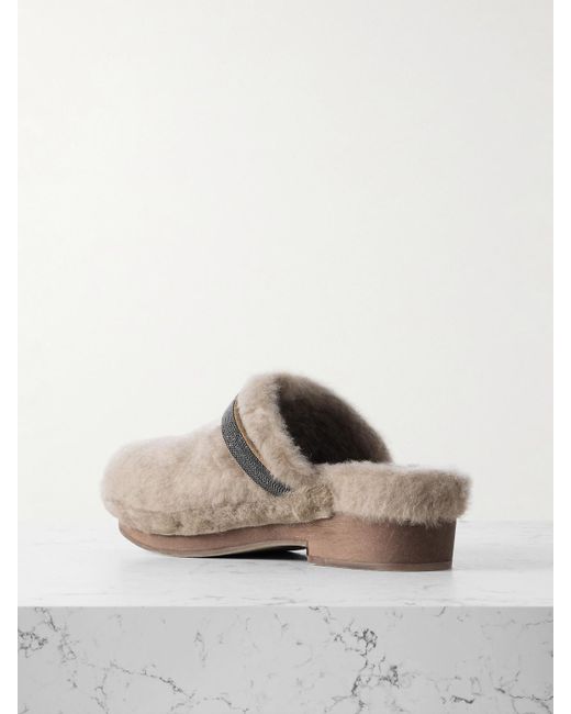 Brunello Cucinelli Brown Clogs Aus Shearling Mit Zierperlen
