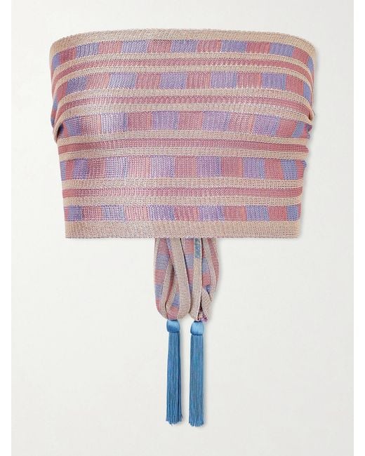 Bode Pink Strapless Tasseled Striped Crocheted Top