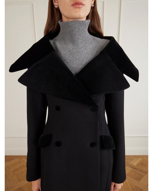 LIBEROWE Black Hourglass Double-Breasted Wool Velour-Trimmed Coat