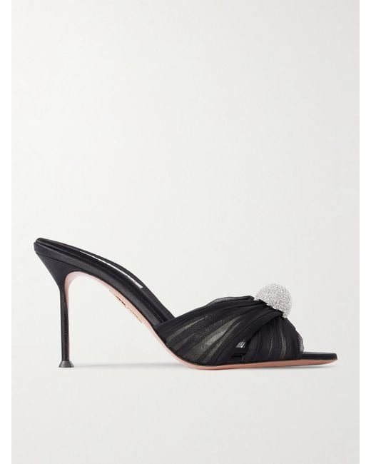 Aquazzura Black Mystery 85 Crystal-Embellished Leather-Trimmed Chiffon Mules
