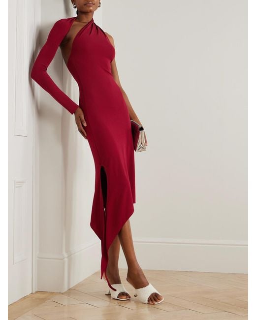 Courreges Red Cutout One-Sleeve Crepe-Jersey Midi Dress