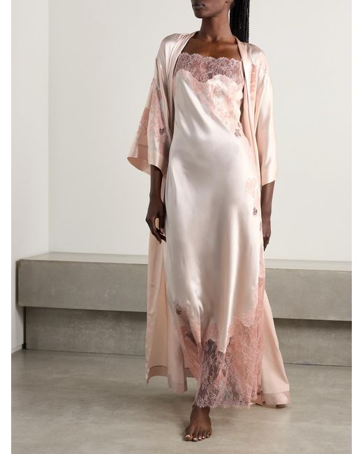 Carine Gilson Pink Lace-Trimmed Silk-Satin Nightdress