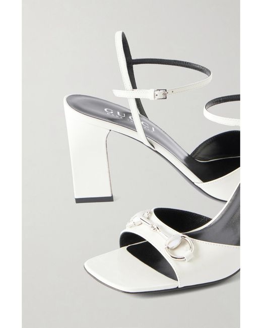 Gucci White Signora Horsebit-Embellished Patent-Leather Sandals