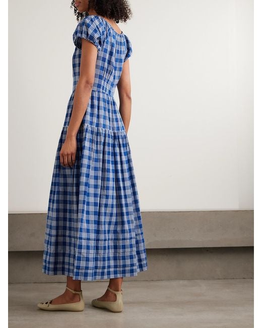 Doen Blue Valenne Tiered Checked Organic Cotton Midi Dress