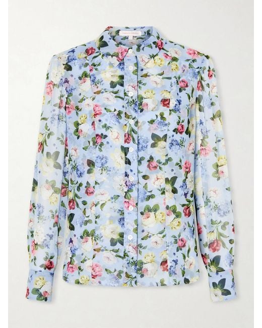 Carolina Herrera Blue Isabella Garden Floral-Print Silk-Chiiffon Blouse