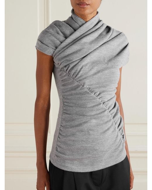 Balmain Gray Ruched Wool-Blend Top