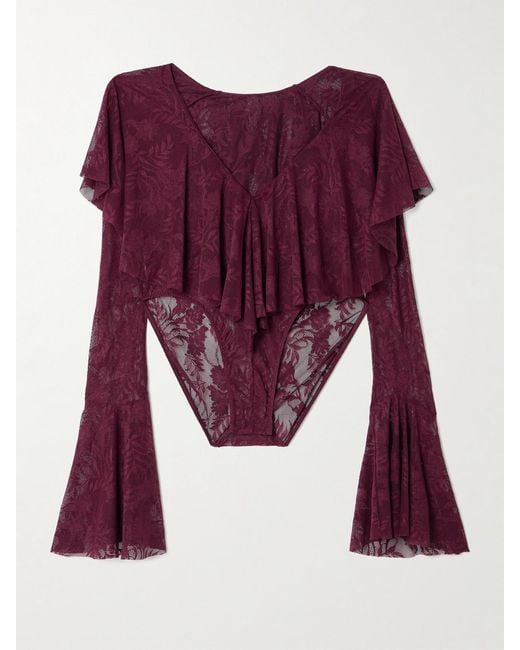 Norma Kamali Purple Body Aus Stretch-Spitze Mit Rüschen