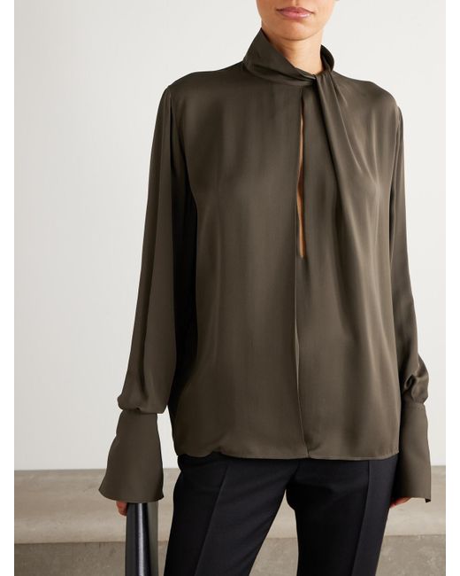 Tom Ford Green Cutout Draped Pleated Silk-Georgette Blouse