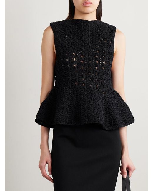 Khaite Black Yuka Open-Knit Cotton-Blend Peplum Tank