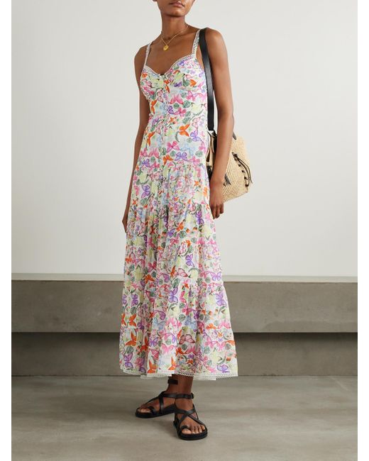 Charo Ruiz White Melia Tiered Printed Cotton-Blend Voile Maxi Dress