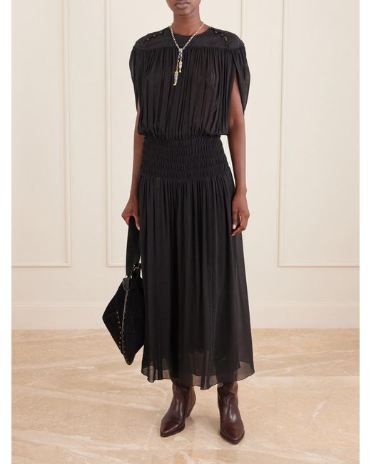 Isabel Marant Black Nesrine Bead-Embellished Pleated Smocked Silk Maxi Dress