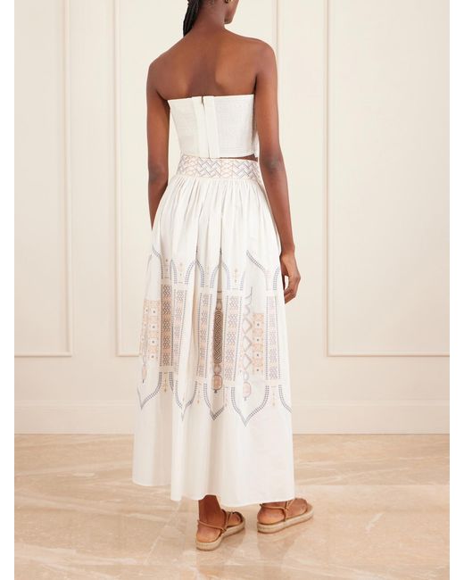 Emporio Sirenuse Natural Ombretta Embroidered Cotton-Blend Poplin Midi Skirt