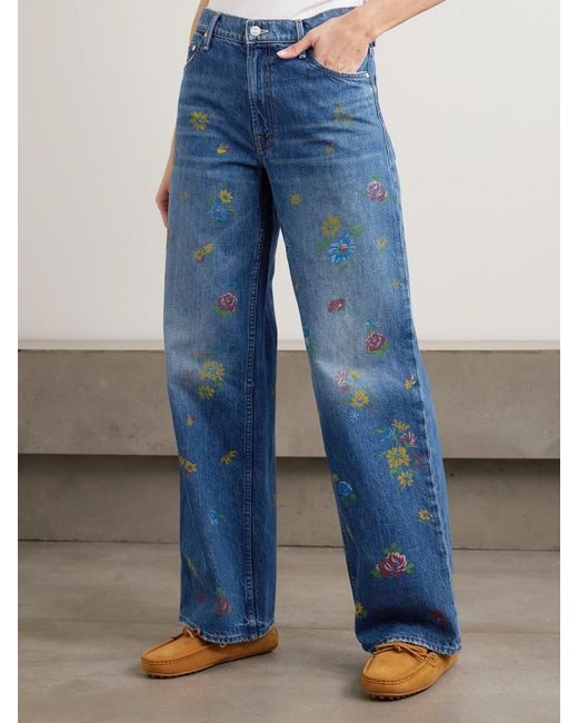 Mother Blue The Rerun Zip Sneak Floral-Print High-Rise Wide-Leg Jeans