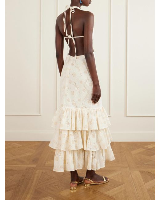 Christiano Marchelli Natural Penelope Open-Back Cutout Ruffled Tiered Broderie Anglaise Cotton Maxi Dress