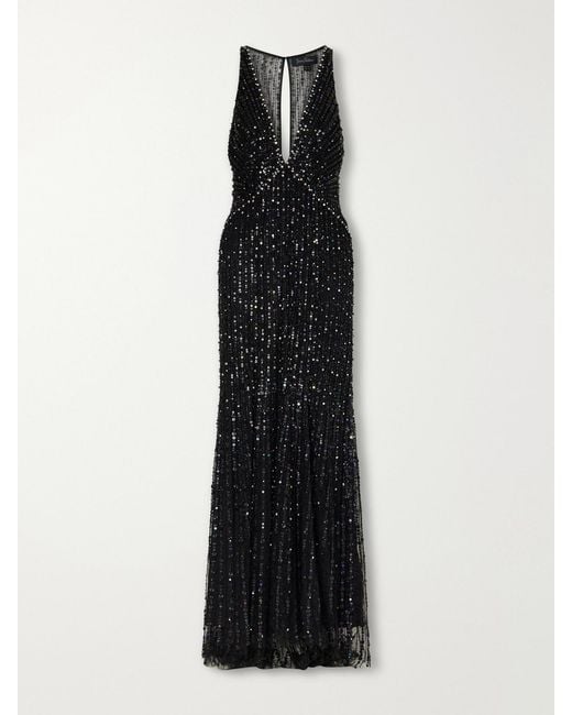 Jenny Packham Black Atlas Embellished Cut-Out Satin Gown