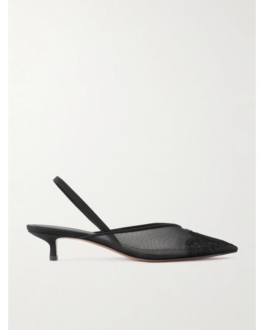 Neous White Irena Lace And Satin-Trimmed Mesh Slingback Pumps