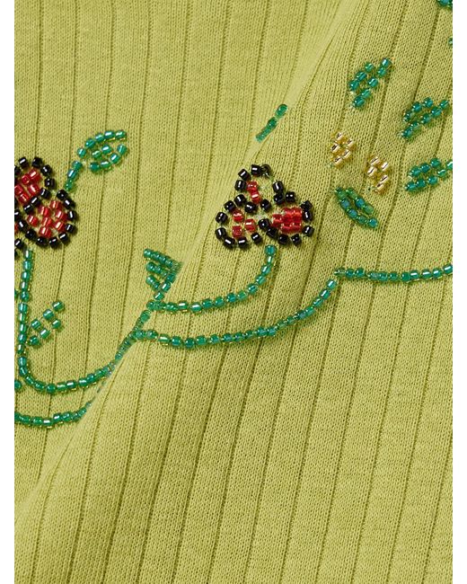 Bode Green Dahlia Bead-Embellished Ribbed Cotton-Jersey Tank