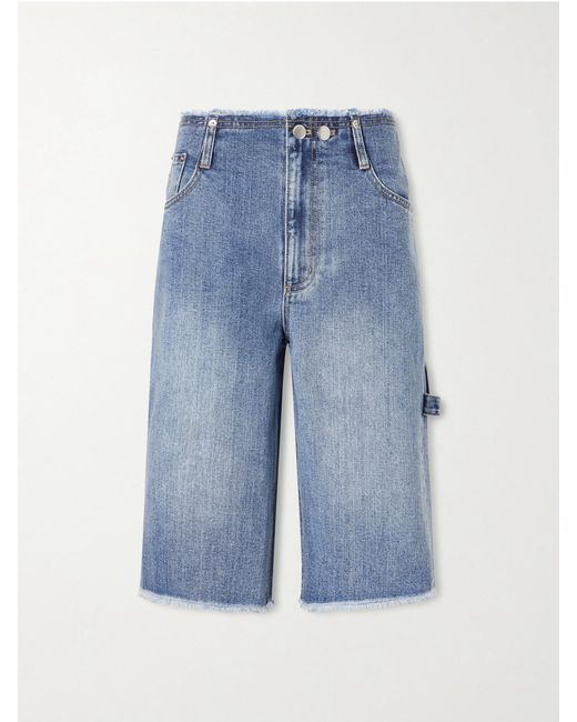 Tibi Blue Mid-Rise Denim Straight-Leg Shorts