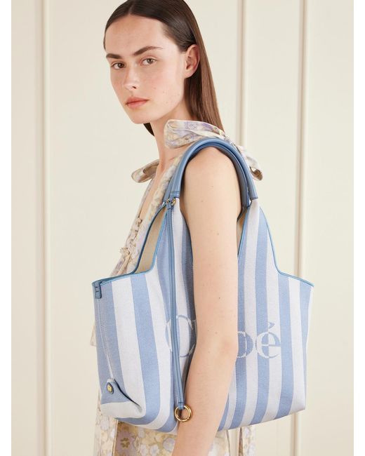 Chloé Blue Striped Leather-Trimmed Shoulder Bag