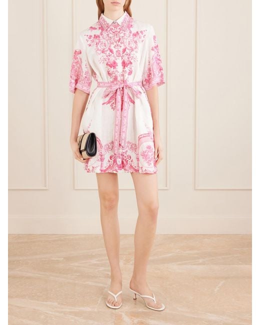 Camilla Pink Floral-Print Embellished Linen Mini Dress