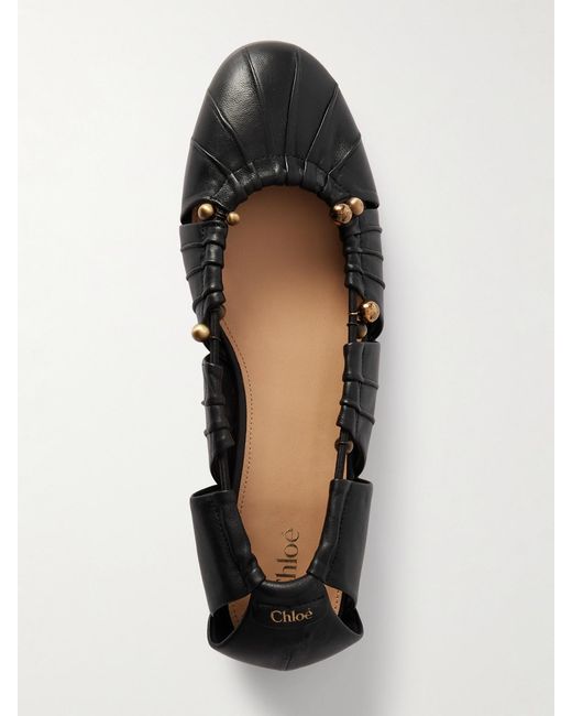 Chloé Black Luna Cut-Out Embellished Gathered Leather Ballet Flats