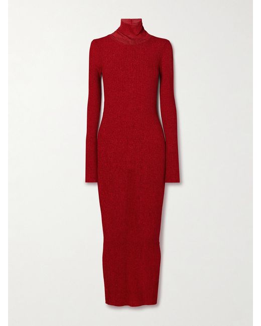 Isabel Marant Red Josita Metallic Ribbed-Knit Turtleneck Maxi Dress