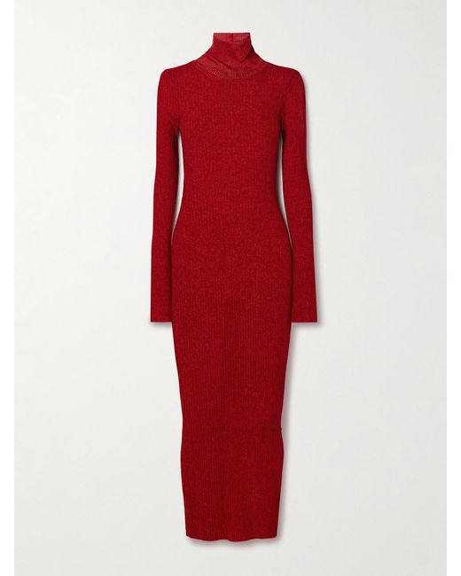 Isabel Marant Red Josita Metallic Ribbed-Knit Turtleneck Maxi Dress