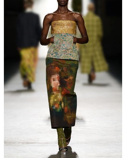 Dries Van Noten Green Strapless Metallic Floral-Jacquard Top