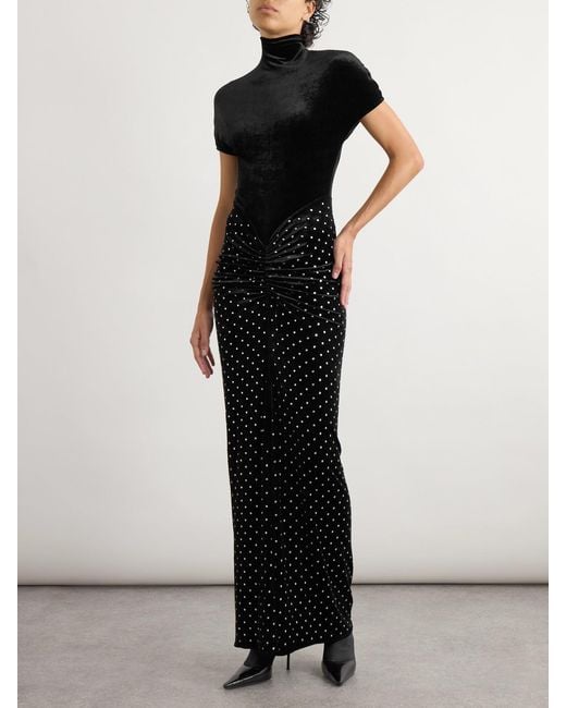 Alaïa Black Crystal-Embellished Ruched Velvet Midi Dress