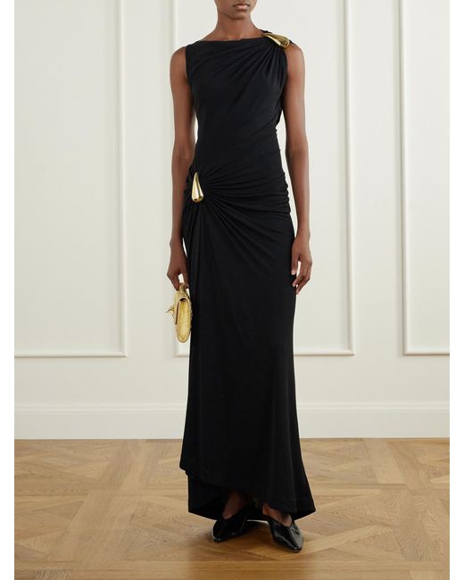 Bottega Veneta Black Gathered Embellished Crepe-Jersey Maxi Dress