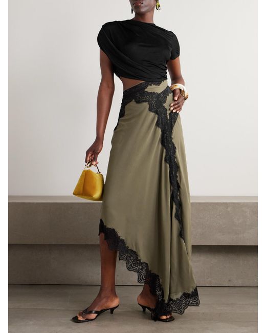Christopher Esber Green Verve Asymmetrisches Kleid Aus Geripptem Jersey Und Seiden-Georgette Mit Spitzenbesätzen