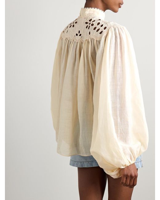 Zimmermann Natural Coco Broderie Anglaise-Trimmed Ramie Blouse