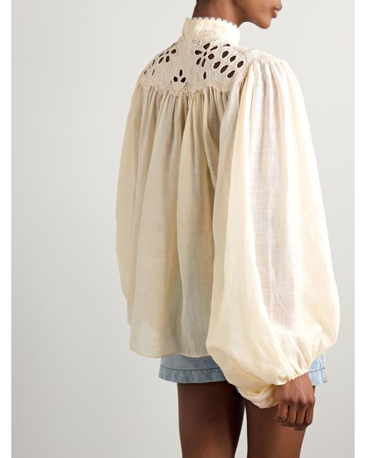 Zimmermann Natural Coco Broderie Anglaise-Trimmed Ramie Blouse