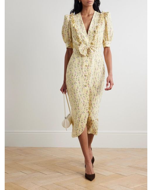 Alessandra Rich Metallic Garden Party Bow-Detailed Floral-Print Silk Crepe De Chine Midi Dress