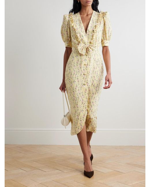 Alessandra Rich Metallic Garden Party Midikleid Aus Crêpe De Chine Aus Seide Mit Blumenprint Und Schleife