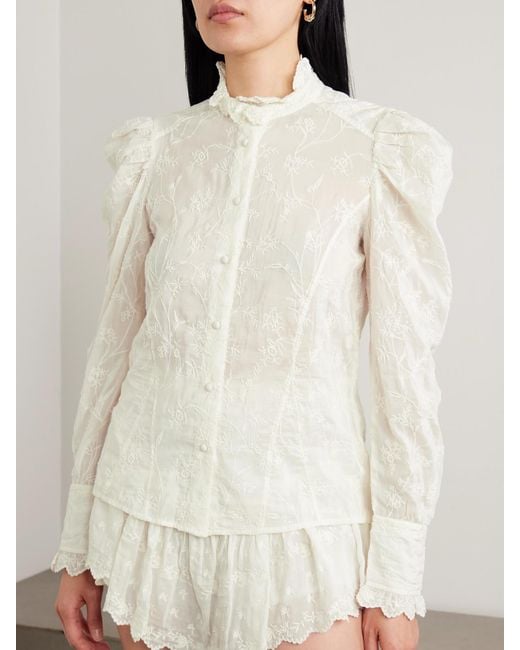 Isabel Marant Natural Zorica Ruffled Embroidered Cotton And Silk-Blend Voile Blouse