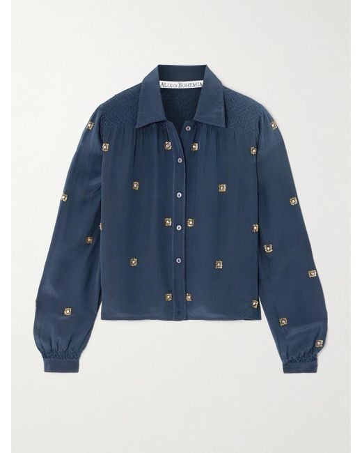 Alix Of Bohemia Blue Priscilla Casino Night Embellished Smocked Silk Shirt