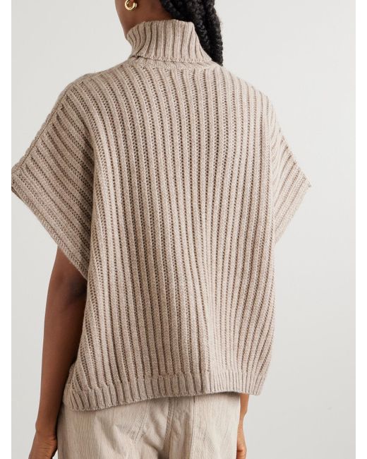 Brunello Cucinelli Natural Ribbed Cashmere Turtleneck Sweater