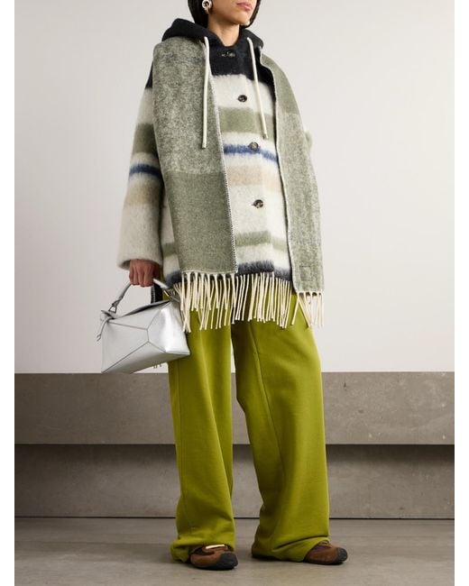 Loewe Gray Hooded Fringed Scarf-Detailed Striped Wool-Blend Coat