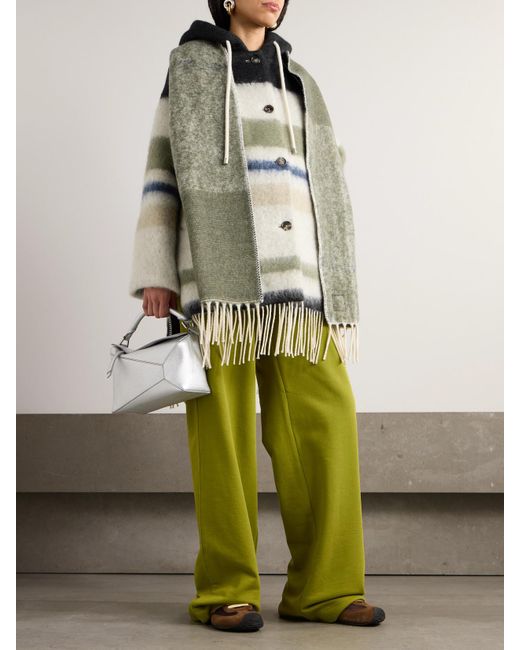 Manteau À Capuche En Laine Mélangée À Rayures, Franges Et Finitions Façon Écharpe Loewe en coloris Gray