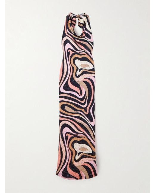 Emilio Pucci White Marmo Crystal-Embellished Printed Satin-Jersey Halterneck Maxi Dress