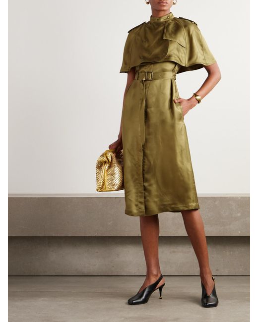 Burberry Green Layered Belted Satin-Twill Midi Dress