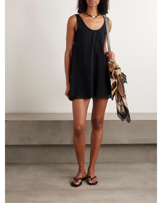 Staud Black Tillie Fringed Cotton-Gauze Mini Dress
