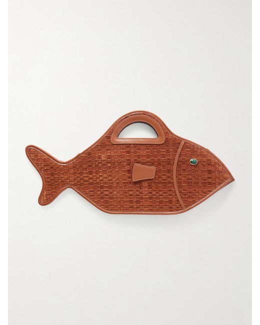 Staud Brown Cleo Logo-Debossed Leather-Trimmed Woven Suede Tote