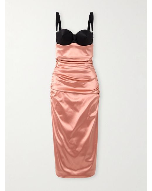 Dolce & Gabbana Red Two-Tone Ruched Satin Midi Dress